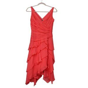 Tadashi Tiered Ruffle Dress 6 Petite Coral 100% Silk Midi
